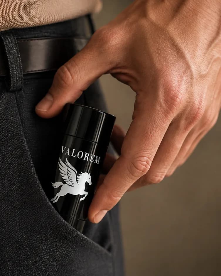 A Valorem stick being slipped into a trouser pocket