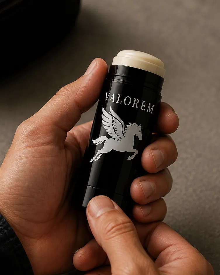 A Valorem stick held in one hand with the wax twisted up above the rim